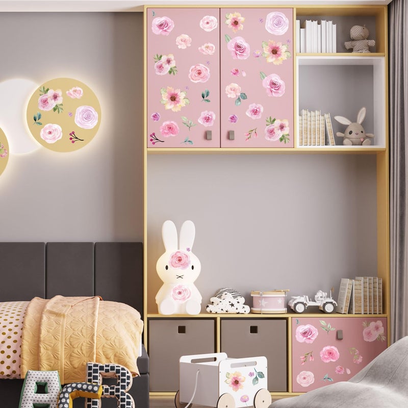 CharmFlo Floral Wall Decals Peel and Stick | 60PCS Watercolor Peony Flower & Leaves Stickers | Removable Vinyl Wall Art for Girls Bedroom, Nursery, Living Room | Pastel Home Decor - Image 3